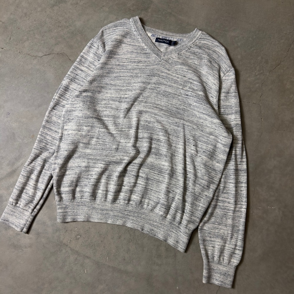 Nautica V-Neck Sweater Mens Large Grey Marl Cotton Classic Preppy Quiet Luxury